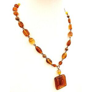 Golden Amber & Brown Handcrafted Beaded Necklace With Art Glass Pendant 70s Fall